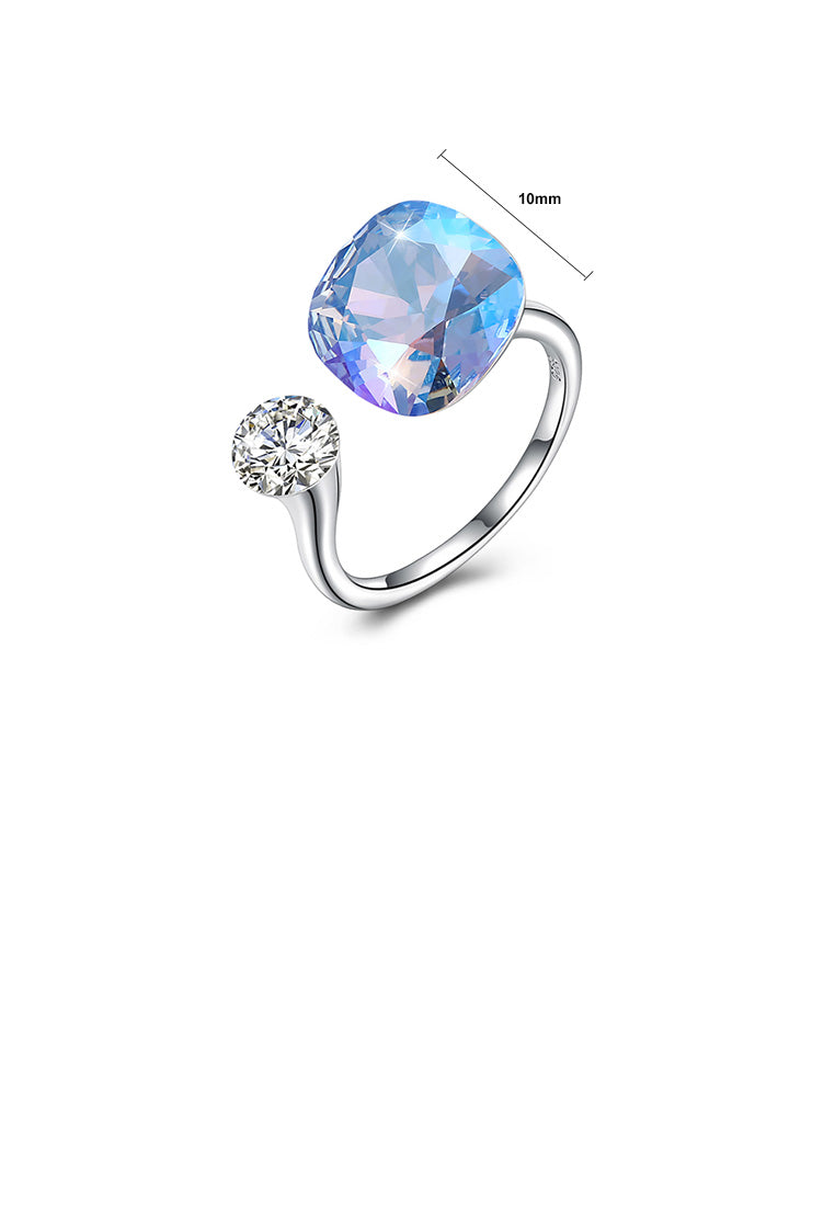 925 Sterling Silver Fashion Simple Sky Blue Austrian Element Crystal Square Adjustable Ring