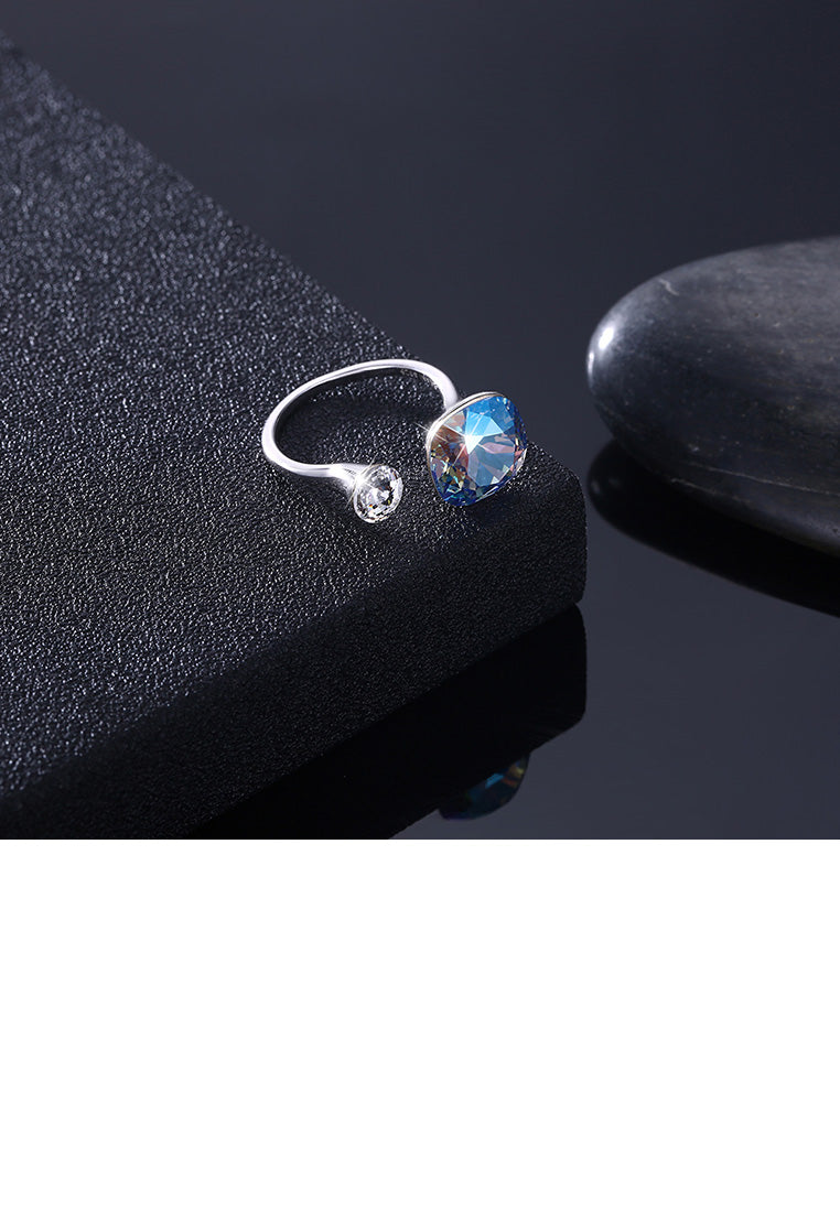 925 Sterling Silver Fashion Simple Sky Blue Austrian Element Crystal Square Adjustable Ring