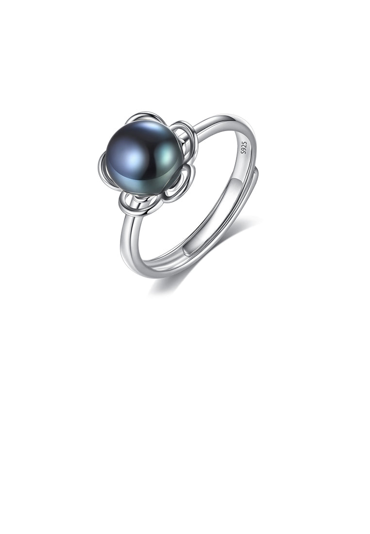 925 Sterling Silver Fashion Elegant Flower Black Freshwater Pearl Adjustable Open Ring - Luxurious Look