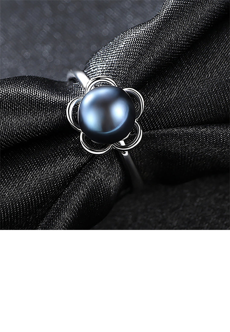 925 Sterling Silver Fashion Elegant Flower Black Freshwater Pearl Adjustable Open Ring - Luxurious Look