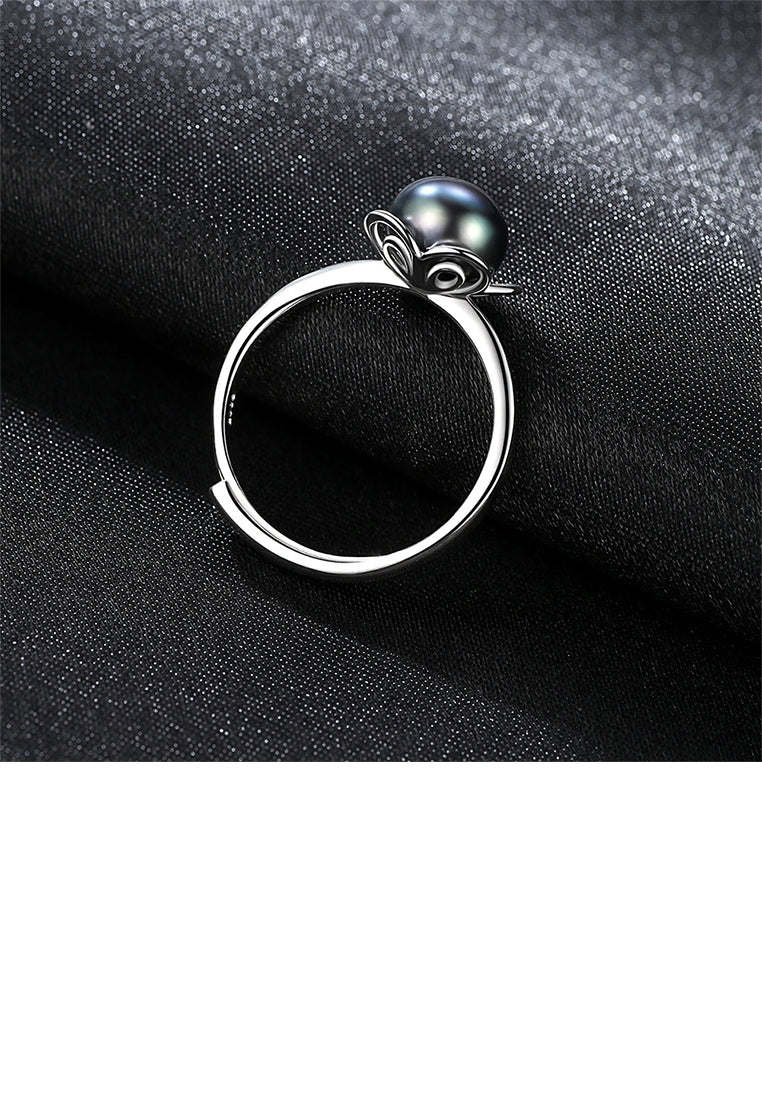 925 Sterling Silver Fashion Elegant Flower Black Freshwater Pearl Adjustable Open Ring - Luxurious Look