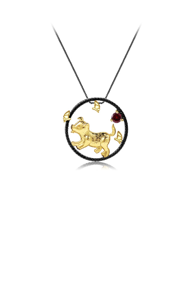 925 Sterling Silver Plated Black Simple Cute Gold Puppy Hollow Geometric Pendant with Garnet and Necklace