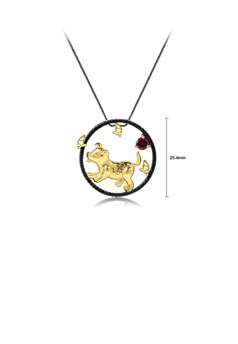 925 Sterling Silver Plated Black Simple Cute Gold Puppy Hollow Geometric Pendant with Garnet and Necklace