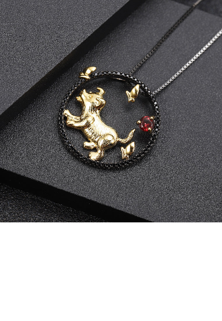 925 Sterling Silver Plated Black Simple Cute Gold Puppy Hollow Geometric Pendant with Garnet and Necklace