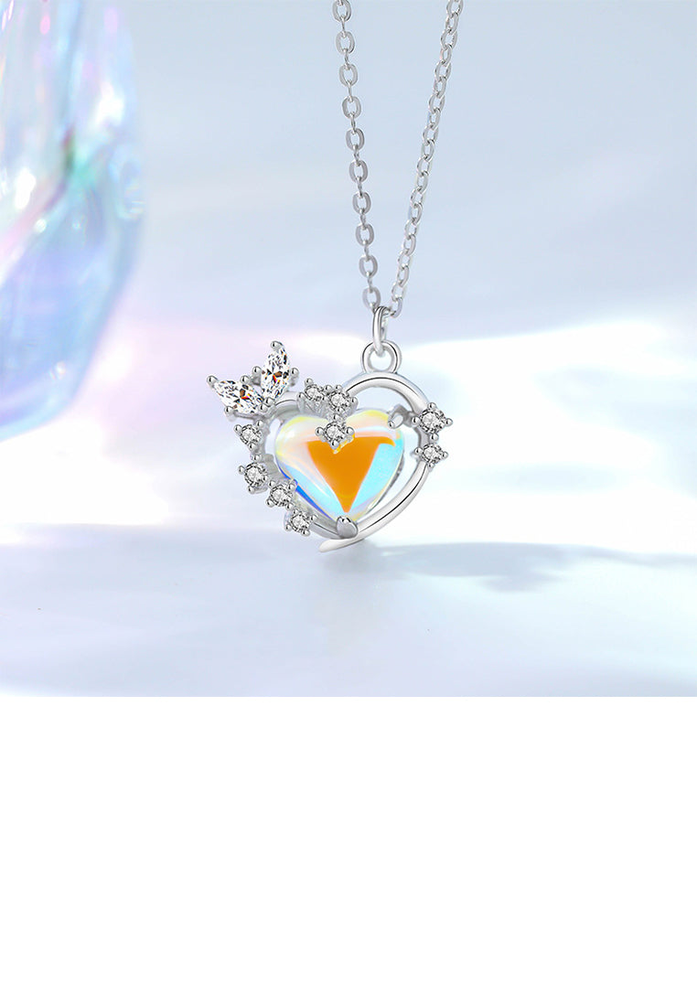 925 Sterling Silver Fashion and Romantic Heart-shaped Moonstone Pendant with Cubic Zirconia and Necklace - Luxurious Look
