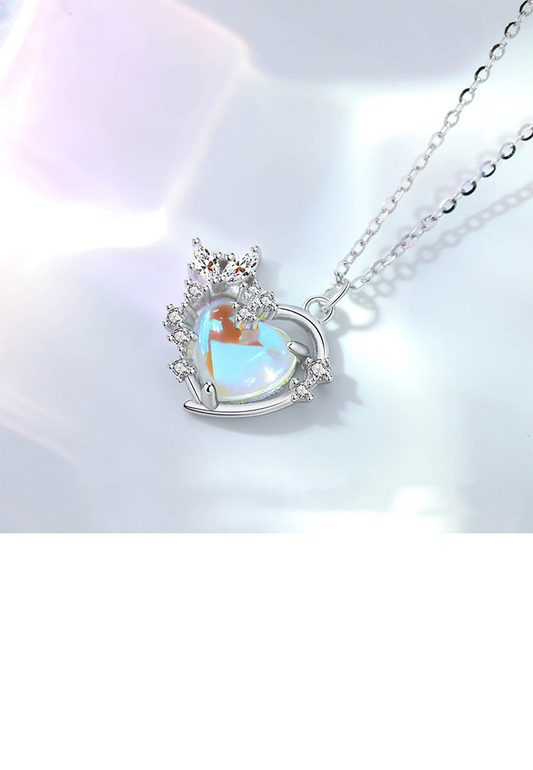 925 Sterling Silver Fashion and Romantic Heart-shaped Moonstone Pendant with Cubic Zirconia and Necklace - Luxurious Look