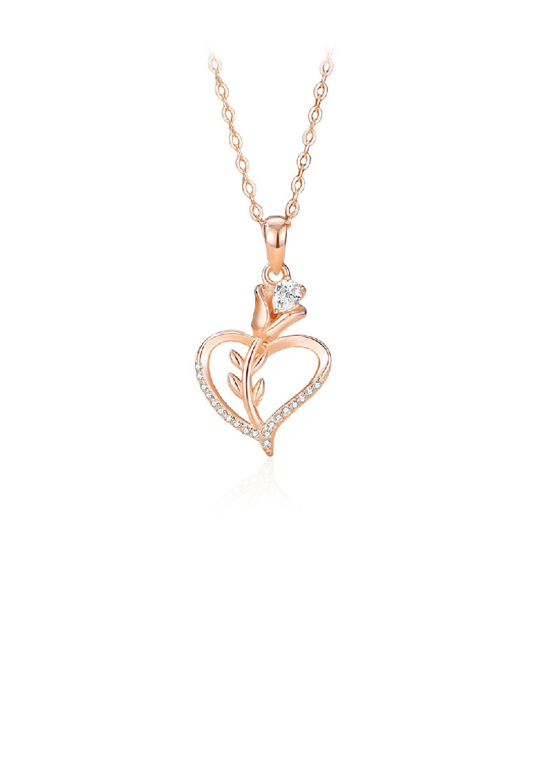 925 Sterling Silver Plated Rose Gold Fashion Romantic Rose Heart Pendant with Cubic Zirconia and Necklace - Luxurious Look