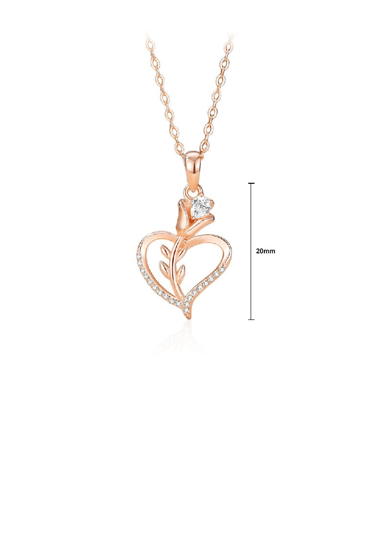 925 Sterling Silver Plated Rose Gold Fashion Romantic Rose Heart Pendant with Cubic Zirconia and Necklace - Luxurious Look