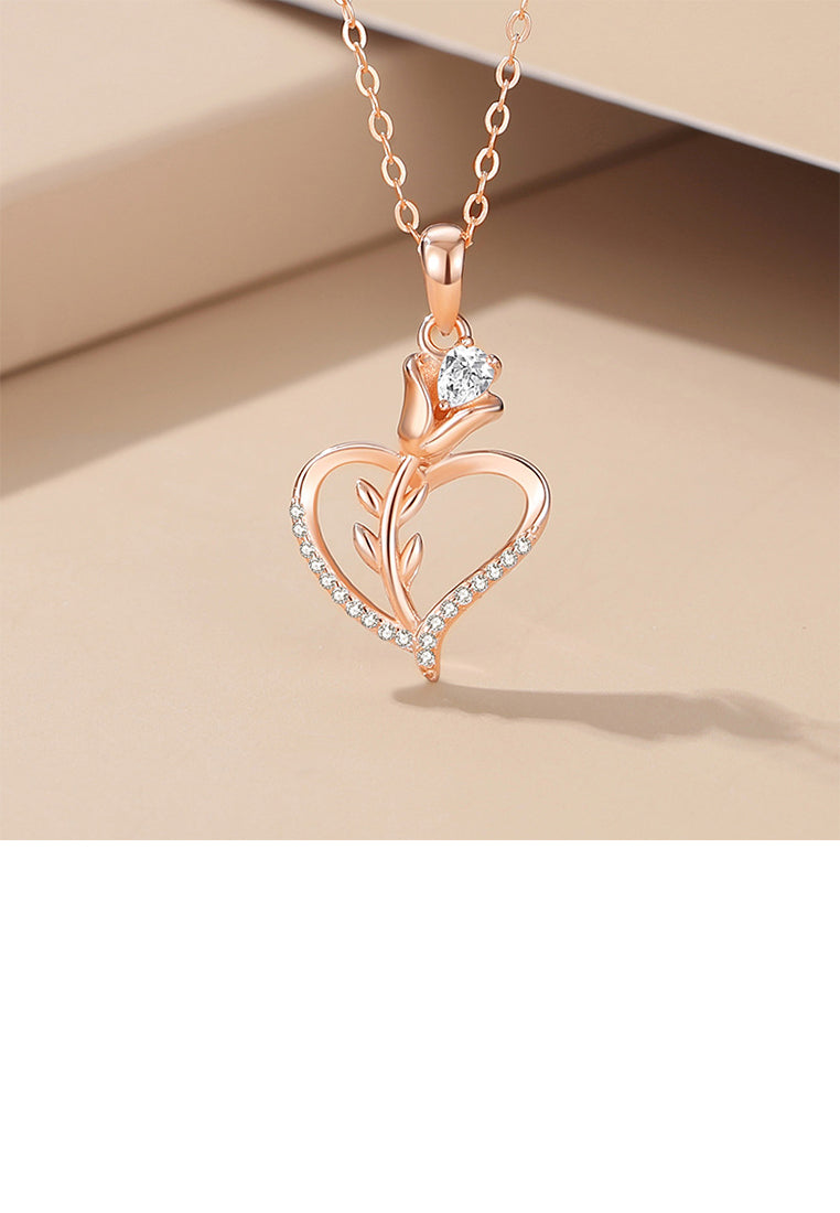 925 Sterling Silver Plated Rose Gold Fashion Romantic Rose Heart Pendant with Cubic Zirconia and Necklace - Luxurious Look
