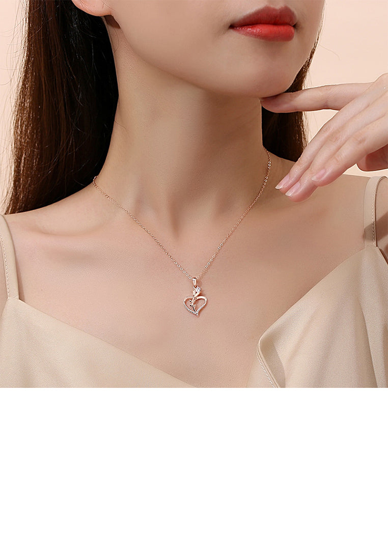 925 Sterling Silver Plated Rose Gold Fashion Romantic Rose Heart Pendant with Cubic Zirconia and Necklace - Luxurious Look