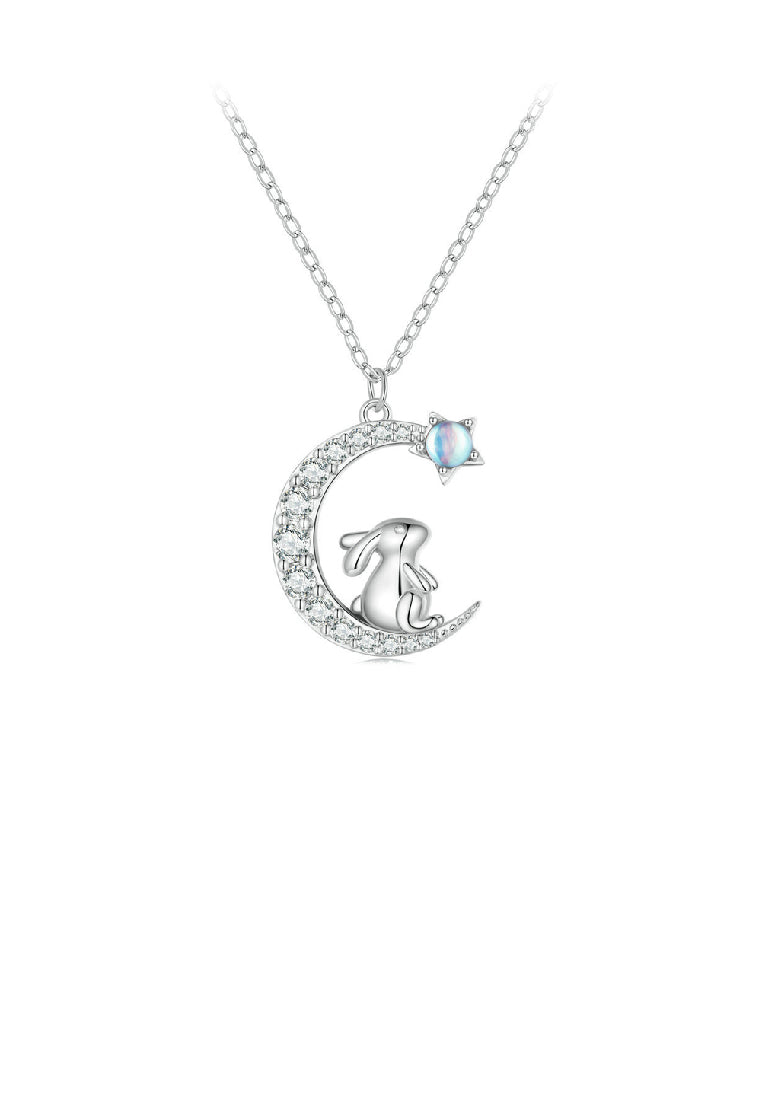 925 Sterling Silver Fashion Simple Rabbit Moon Pendant with Cubic Zirconia and Necklace - Luxurious Look