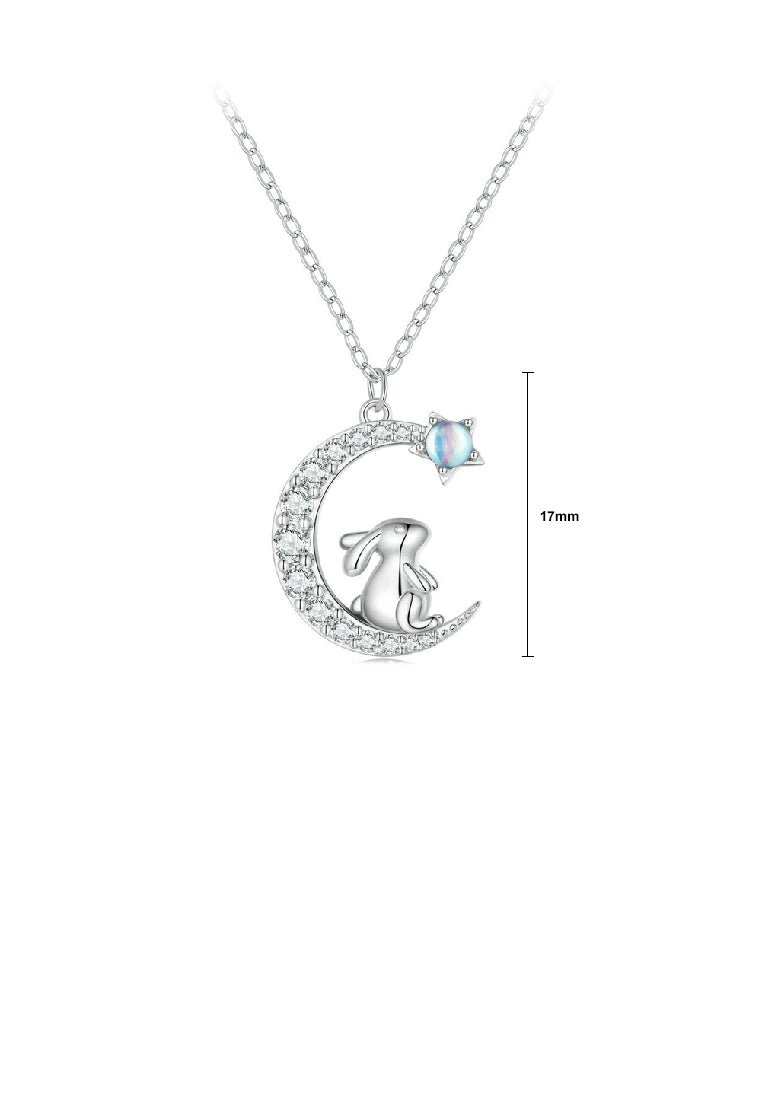 925 Sterling Silver Fashion Simple Rabbit Moon Pendant with Cubic Zirconia and Necklace - Luxurious Look