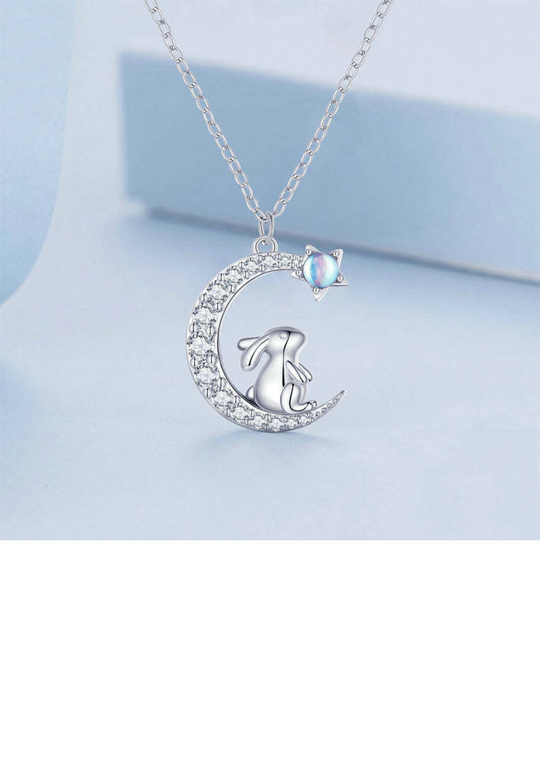 925 Sterling Silver Fashion Simple Rabbit Moon Pendant with Cubic Zirconia and Necklace - Luxurious Look