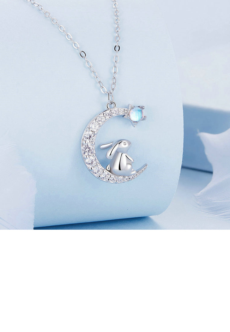 925 Sterling Silver Fashion Simple Rabbit Moon Pendant with Cubic Zirconia and Necklace - Luxurious Look