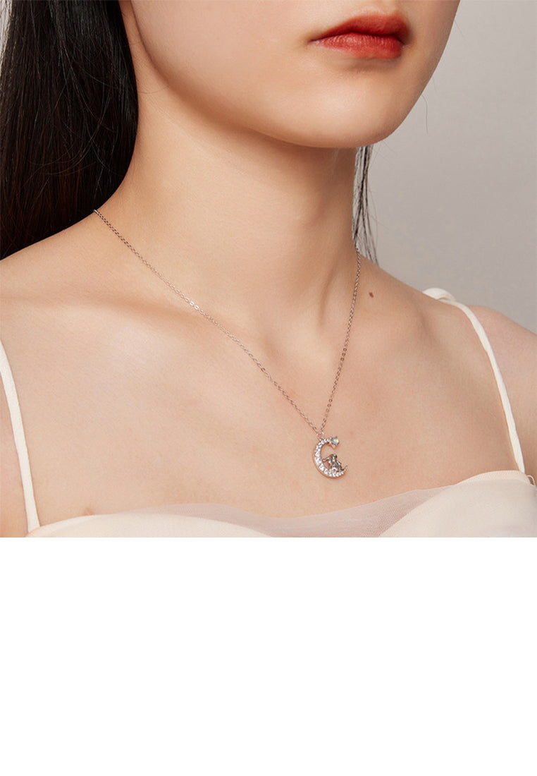 925 Sterling Silver Fashion Simple Rabbit Moon Pendant with Cubic Zirconia and Necklace - Luxurious Look