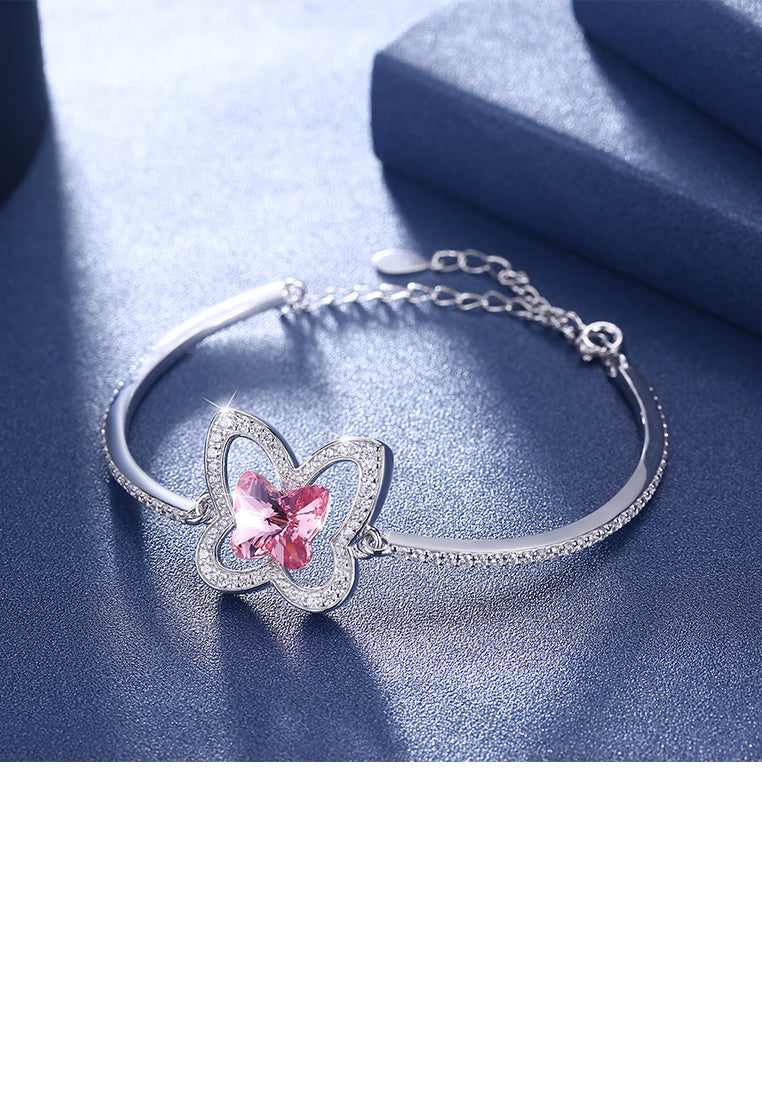 925 Sterling Silver Elegant Pink Butterfly Bracelet with Austrian Element Crystal - Vibrant Color