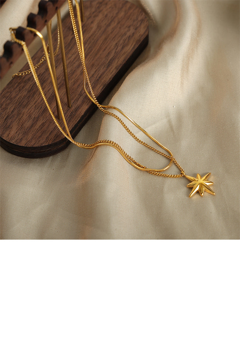 Fashion and Simple Plated Gold 316L Stainless Steel Star Pendant with Double Layer Necklace