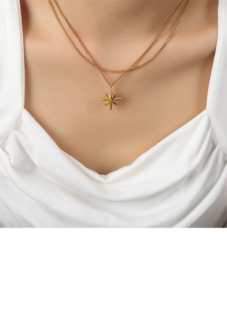 Fashion and Simple Plated Gold 316L Stainless Steel Star Pendant with Double Layer Necklace