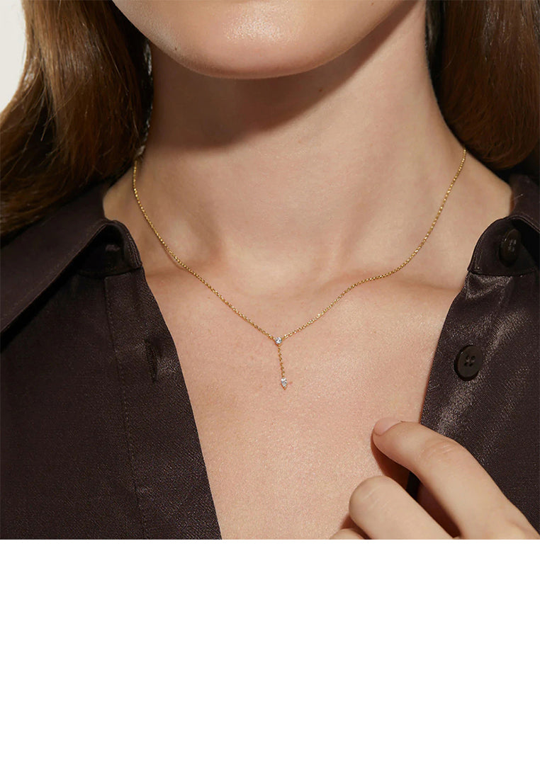 925 Sterling Silver Plated Gold Simple and Fashion Geometric Tassel Pendant with Cubic Zirconia and Necklace - Luxurious Look