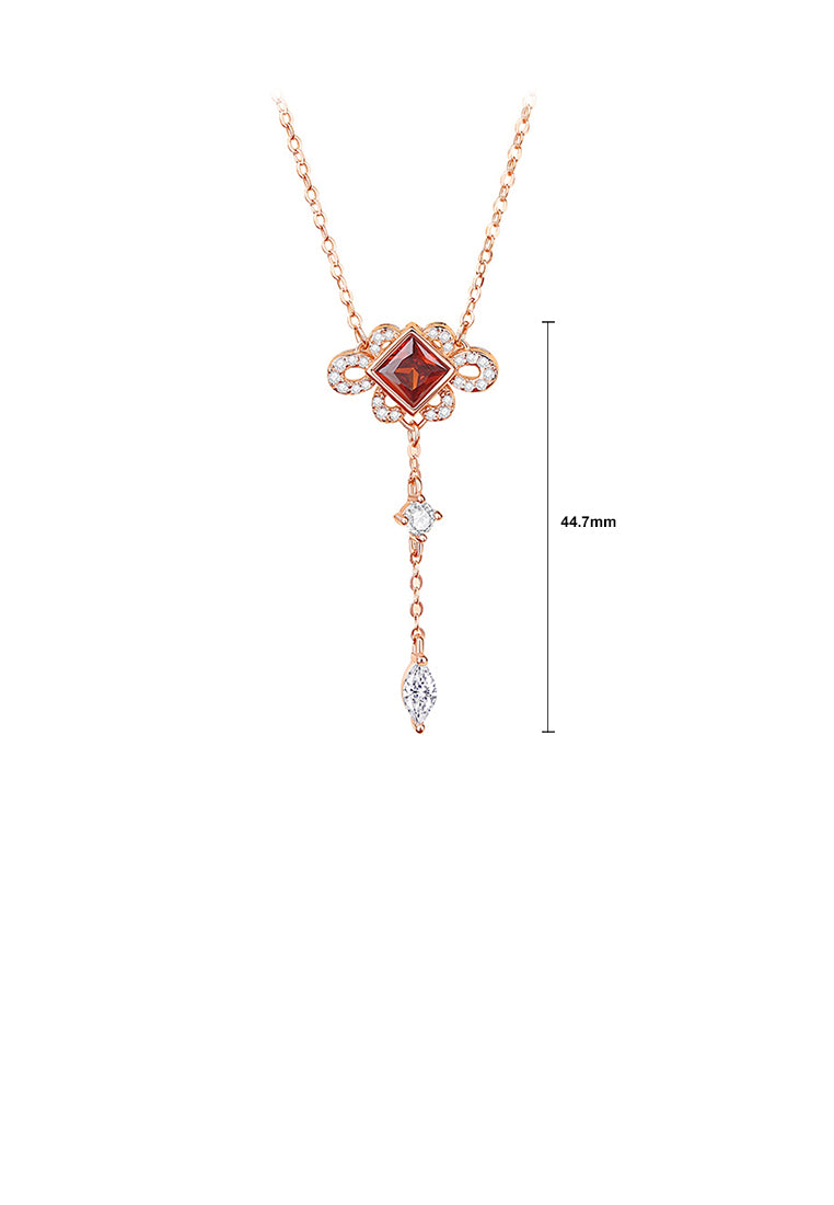 925 Sterling Silver Plated Rose Gold Simple Vintage Chinese Knot Tassel Pendant with Cubic Zirconia and Necklace - Luxurious Look