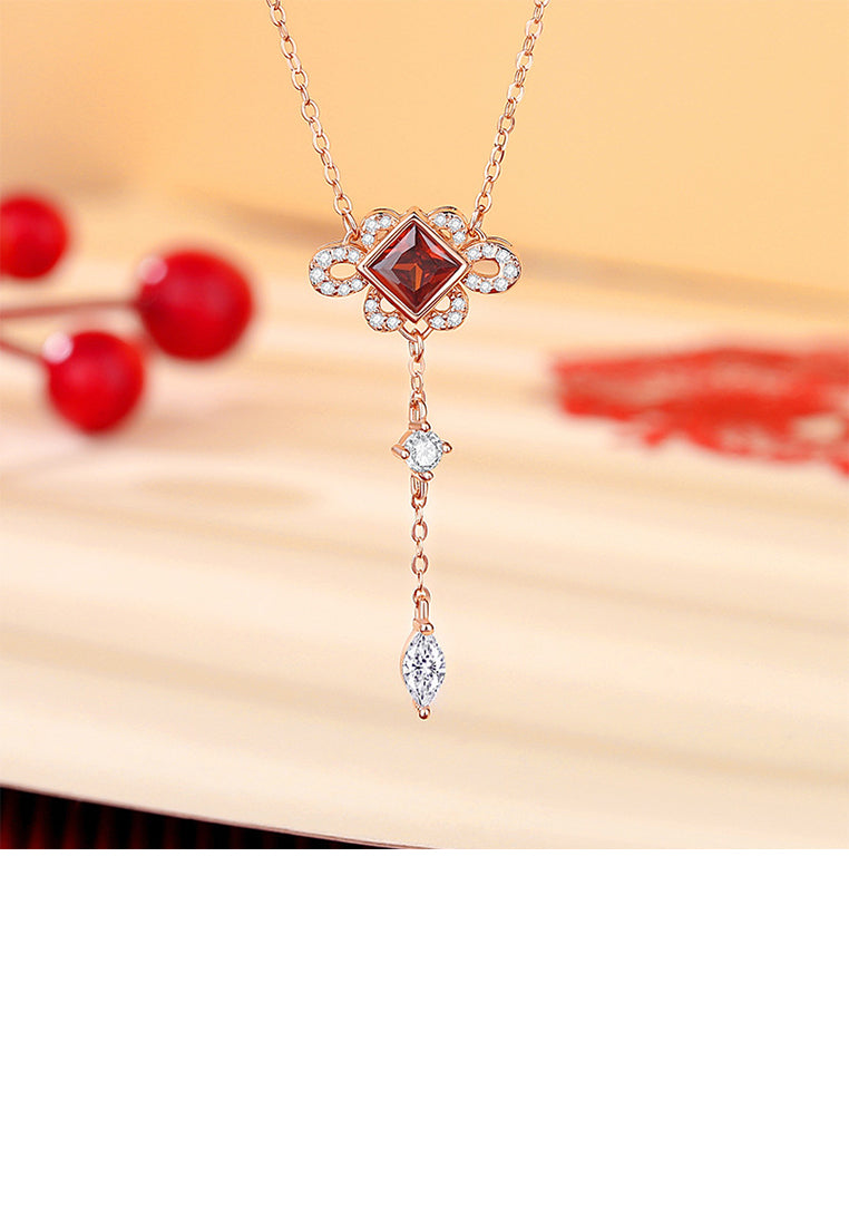 925 Sterling Silver Plated Rose Gold Simple Vintage Chinese Knot Tassel Pendant with Cubic Zirconia and Necklace - Luxurious Look