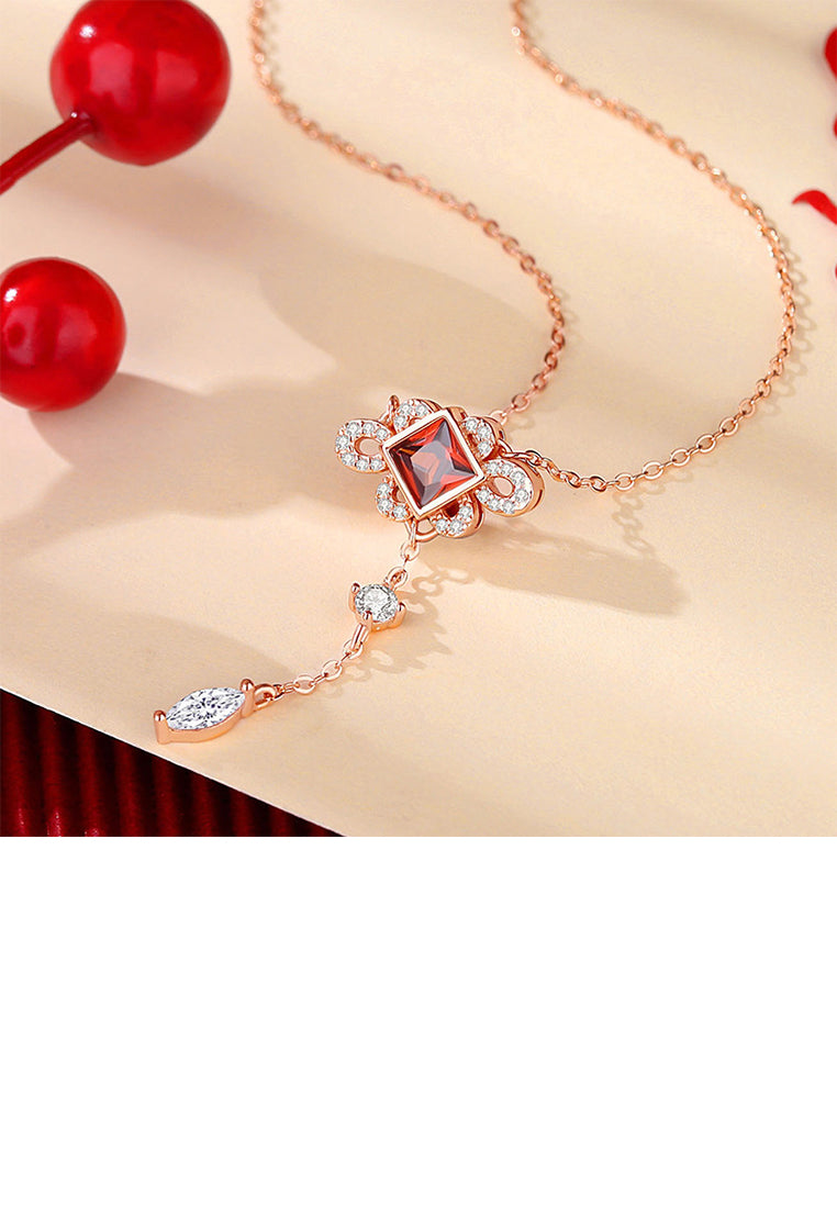 925 Sterling Silver Plated Rose Gold Simple Vintage Chinese Knot Tassel Pendant with Cubic Zirconia and Necklace - Luxurious Look