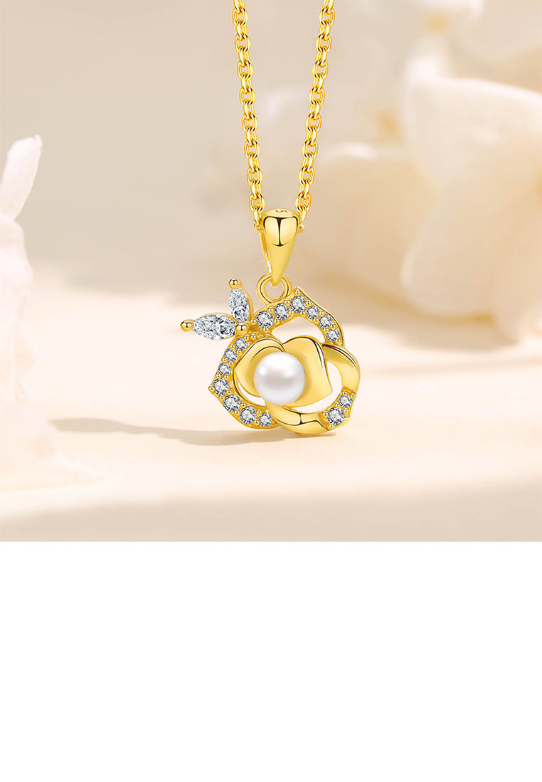 925 Sterling Silver Plated Gold Fashion Temperament Camellia Imitation Pearl Pendant with Cubic Zirconia and Necklace - Luxurious Look