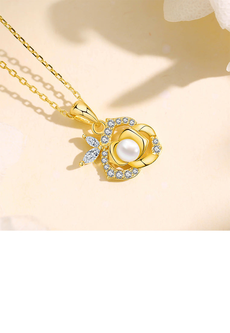 925 Sterling Silver Plated Gold Fashion Temperament Camellia Imitation Pearl Pendant with Cubic Zirconia and Necklace - Luxurious Look