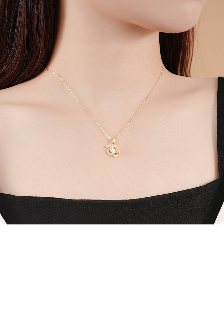 925 Sterling Silver Plated Gold Fashion Temperament Camellia Imitation Pearl Pendant with Cubic Zirconia and Necklace - Luxurious Look