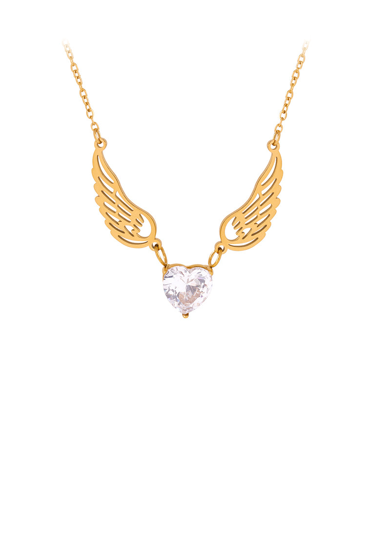 Fashion and Creative Plated Gold 316L Stainless Steel Angel Wings Heart-shaped Pendant with Cubic Zirconia and Necklace - Luxurious Look