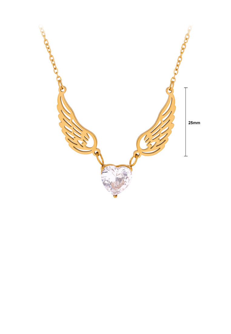 Fashion and Creative Plated Gold 316L Stainless Steel Angel Wings Heart-shaped Pendant with Cubic Zirconia and Necklace - Luxurious Look