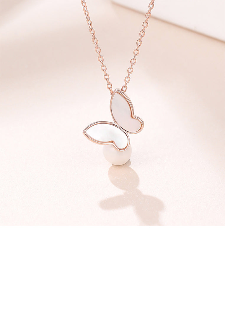 925 Sterling Silver Plated Rose Gold Fashion Temperament Butterfly Imitation Pearl Pendant with Necklace - Luxurious Look