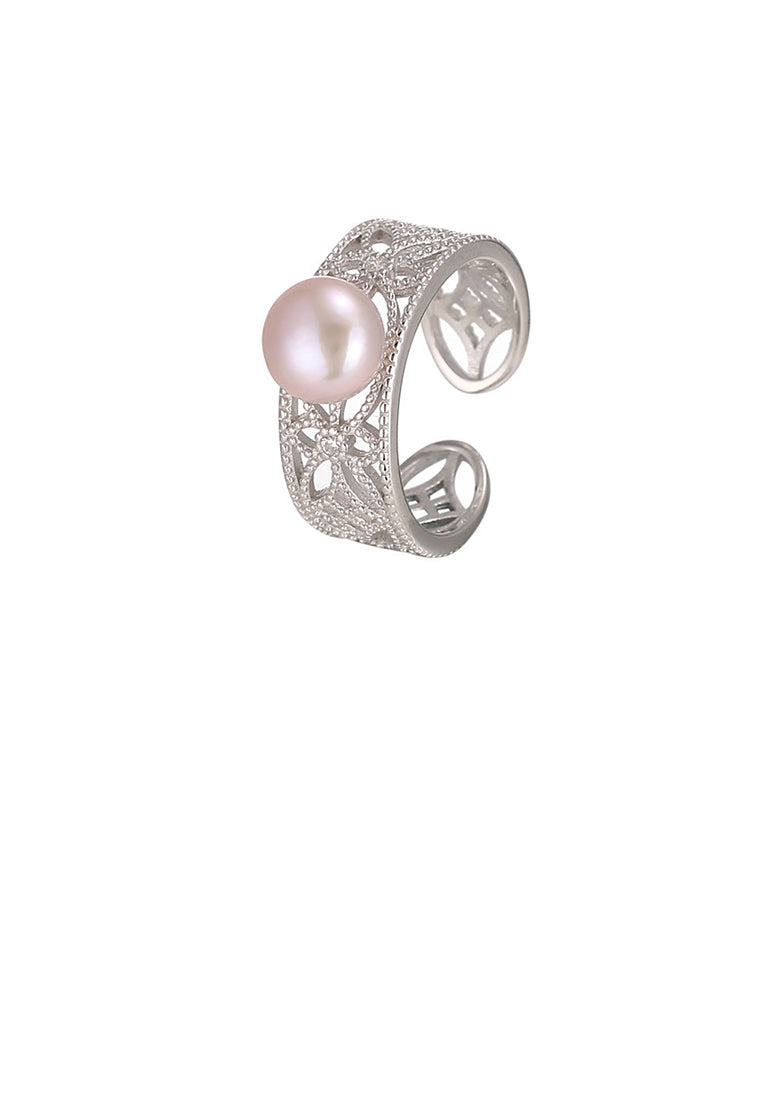 925 Sterling Silver Fashion Elegant Hollow Pattern Purple Freshwater Pearl Adjustable Open Ring - Luxurious Look