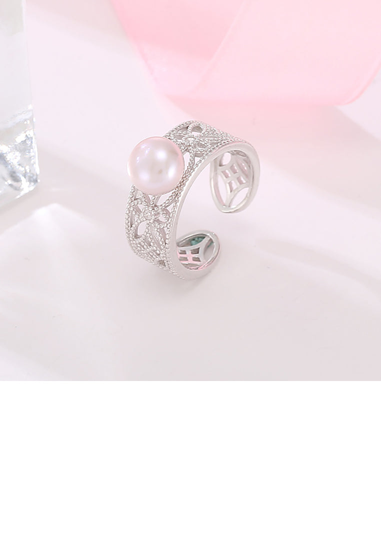 925 Sterling Silver Fashion Elegant Hollow Pattern Purple Freshwater Pearl Adjustable Open Ring - Luxurious Look