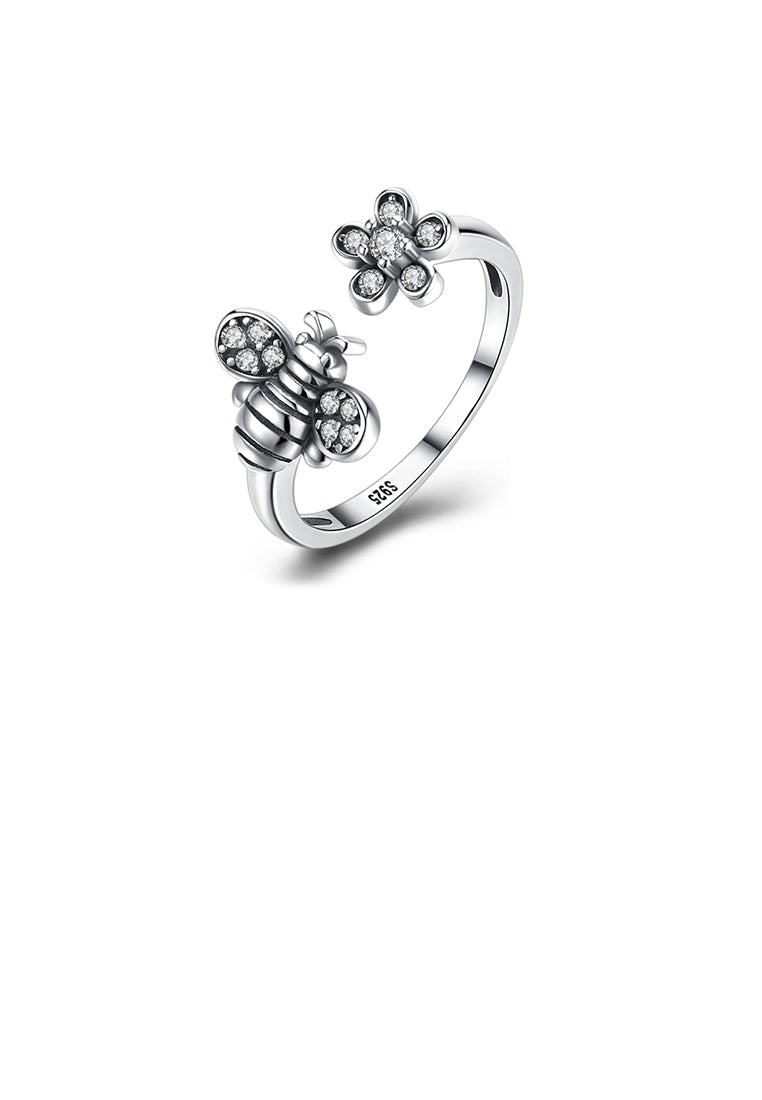 925 Sterling Silver Vintage Little Bee and Flower Cubic Zircon Adjustable Opening Ring