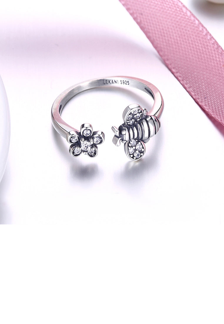 925 Sterling Silver Vintage Little Bee and Flower Cubic Zircon Adjustable Opening Ring