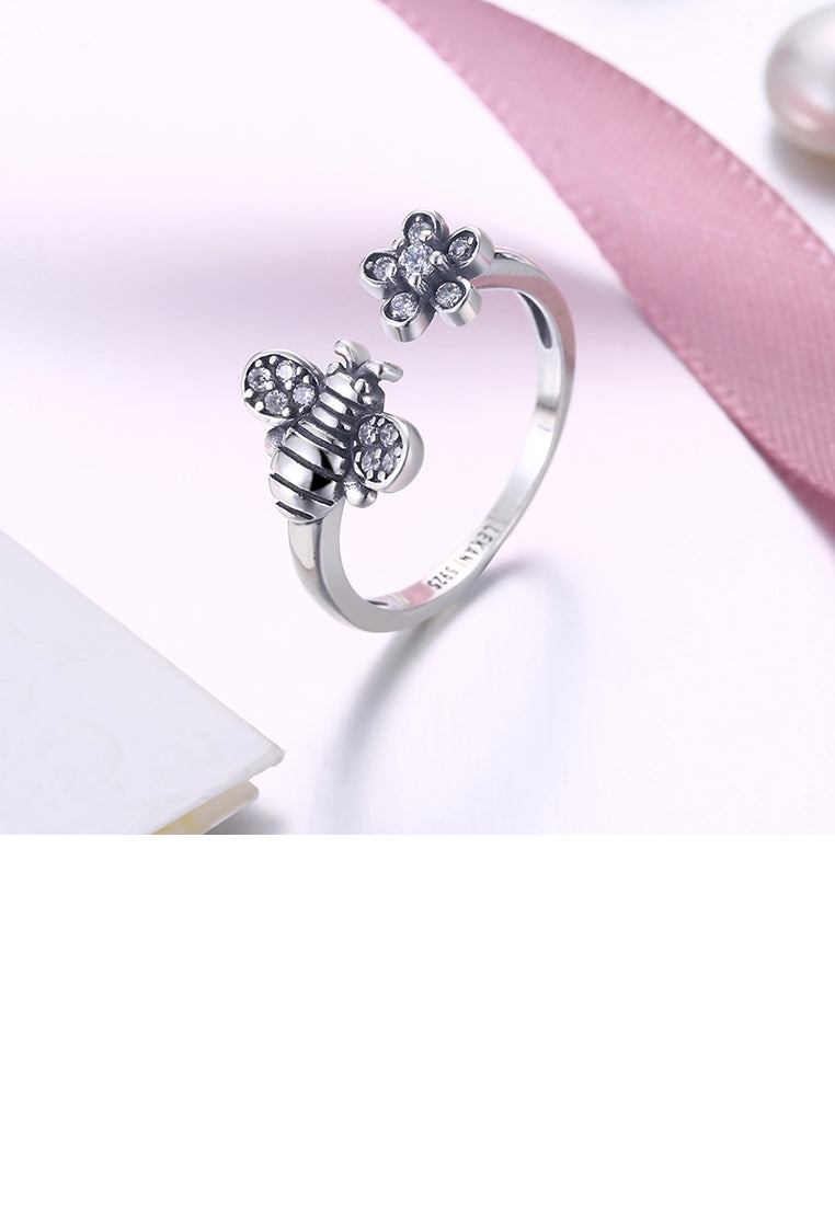 925 Sterling Silver Vintage Little Bee and Flower Cubic Zircon Adjustable Opening Ring