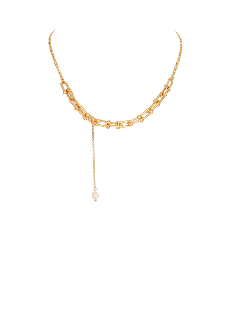 Simple Temperament Plated Gold Imitation Pearl Tassel U-shaped Stitching Chain Necklace - Luxurious Look