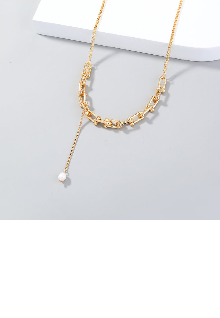 Simple Temperament Plated Gold Imitation Pearl Tassel U-shaped Stitching Chain Necklace - Luxurious Look