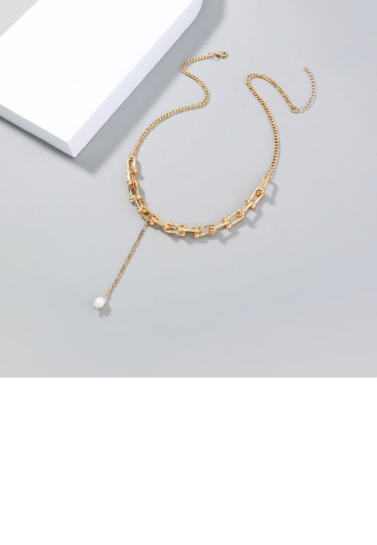 Simple Temperament Plated Gold Imitation Pearl Tassel U-shaped Stitching Chain Necklace - Luxurious Look