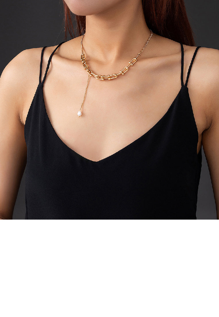 Simple Temperament Plated Gold Imitation Pearl Tassel U-shaped Stitching Chain Necklace - Luxurious Look