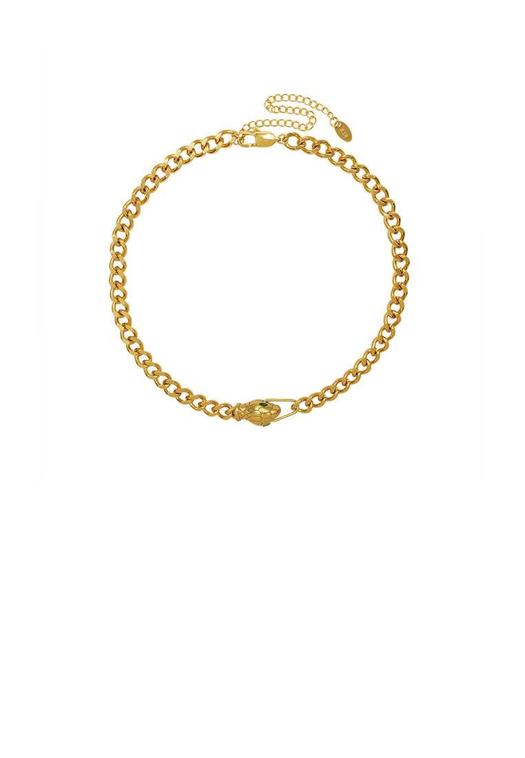Fashion Personality Plated Gold 316L Stainless Steel Snake Head Green Cubic Zirconia Chain Necklace - Luxurious Look