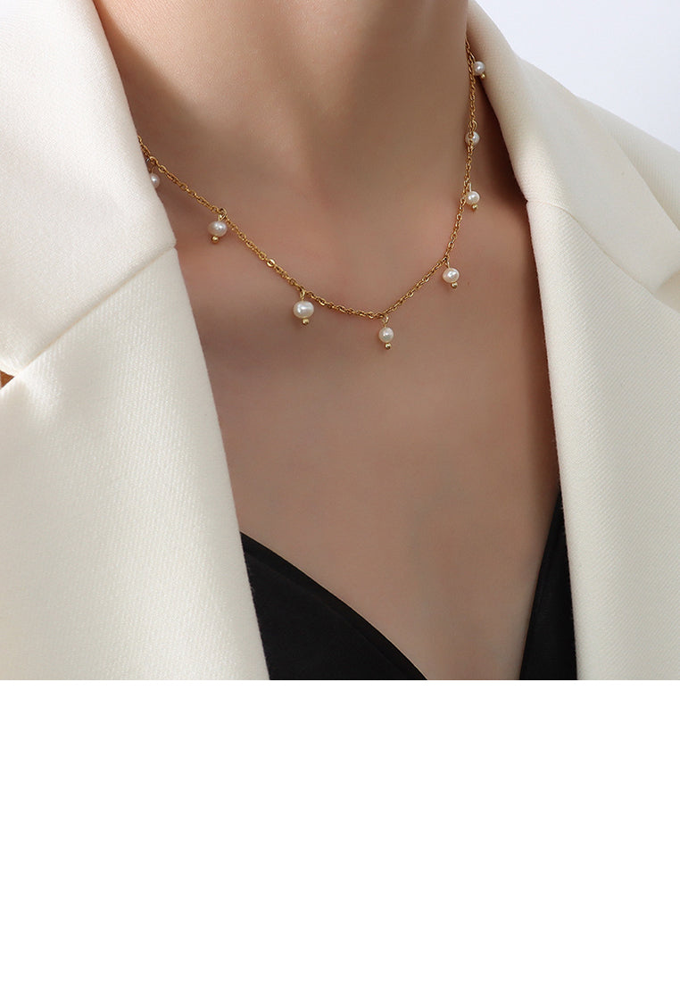 Simple Temperament Plated Gold Geometric Round Bead Imitation Pearl 316L Stainless Steel Necklace - Luxurious Look