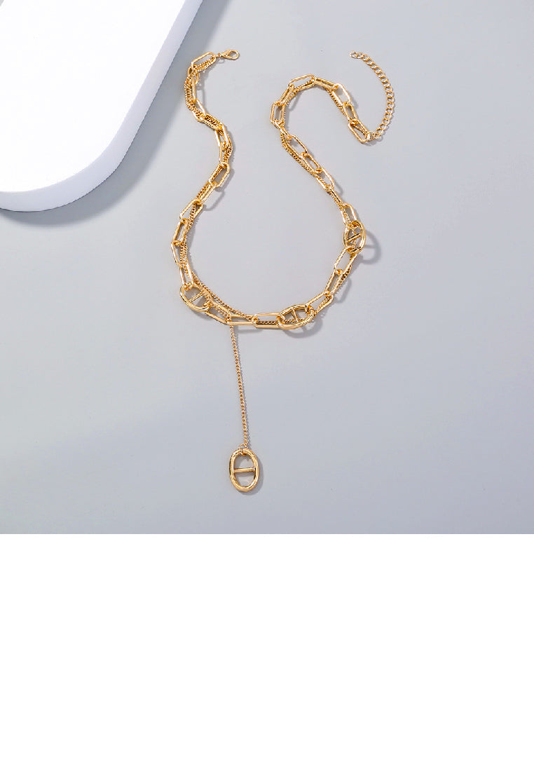 Simple Temperament Plated Gold Hollow Geometric Stitching Chain Tassel Necklace