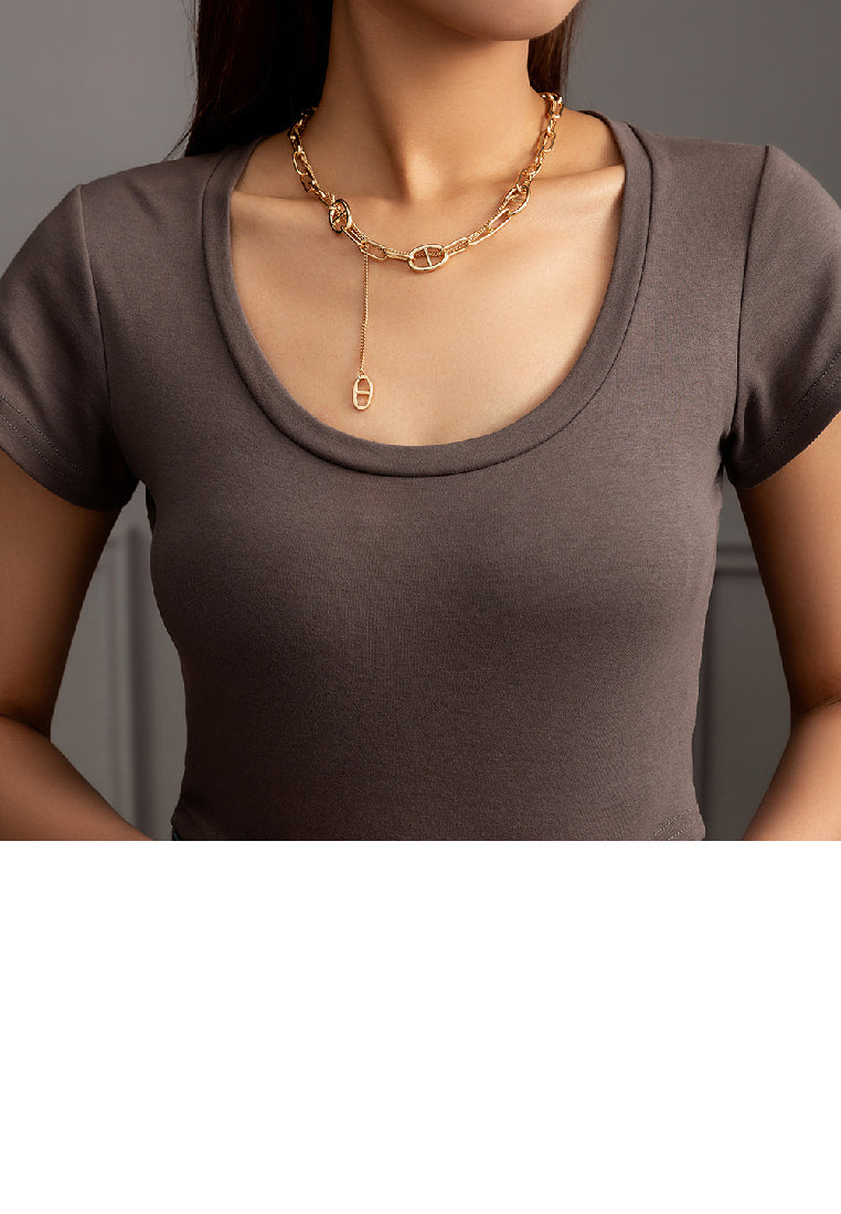 Simple Temperament Plated Gold Hollow Geometric Stitching Chain Tassel Necklace