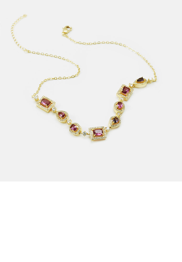 Fashion Elegant Plated Gold Geometric Necklace with Purple Cubic Zirconia - Luxurious Look