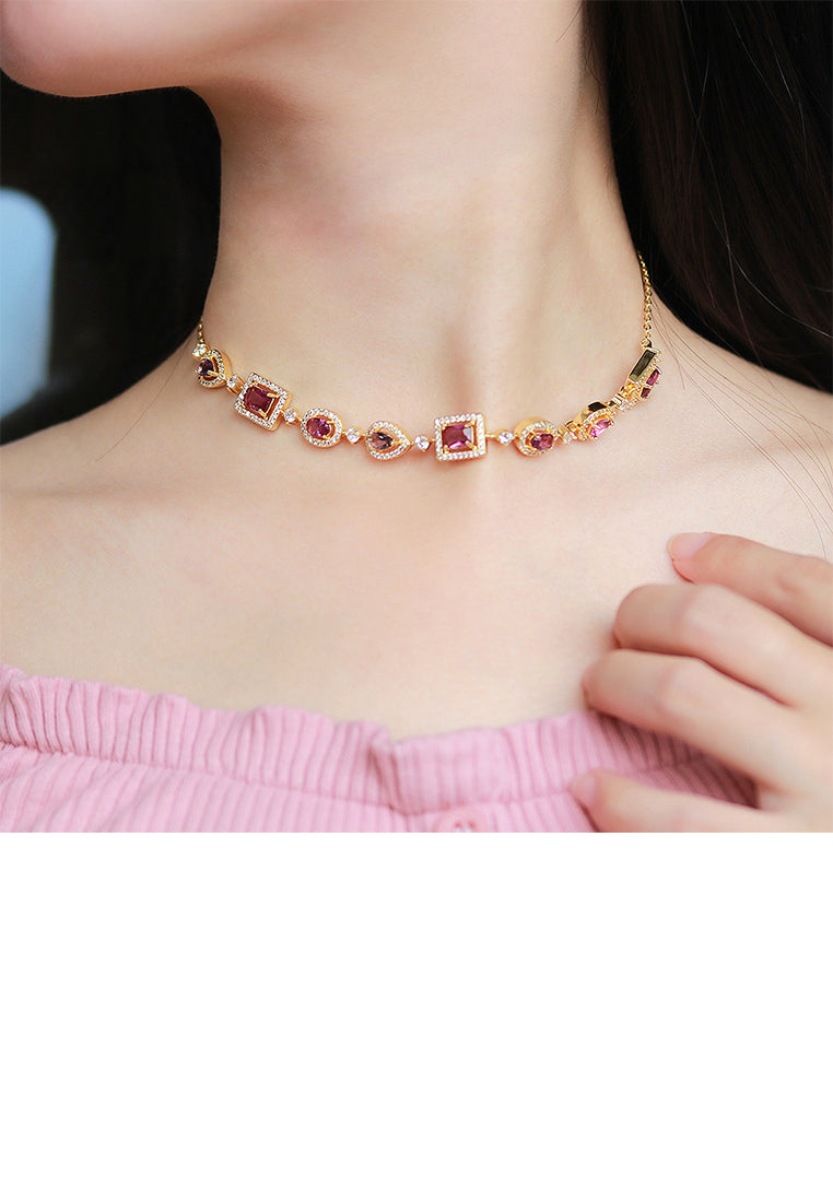 Fashion Elegant Plated Gold Geometric Necklace with Purple Cubic Zirconia - Luxurious Look
