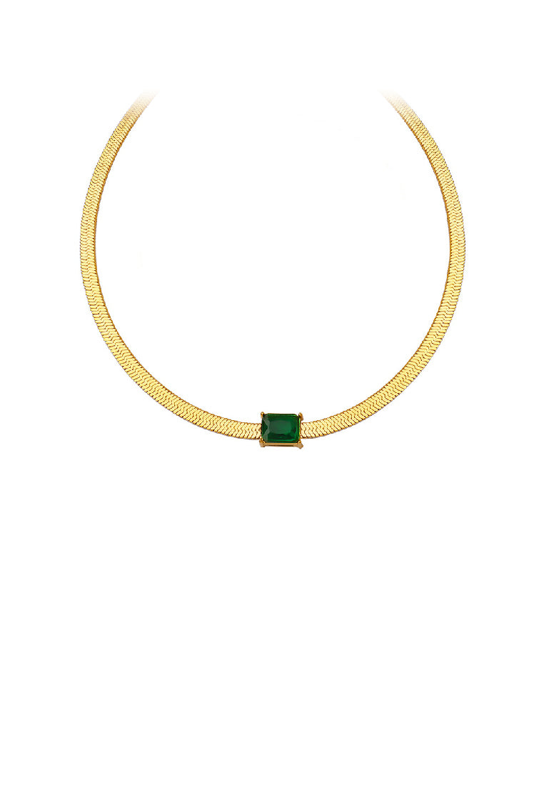 Simple Personality Plated Gold 316L Stainless Steel Geometric Square Green Cubic Zirconia Chain Necklace - Luxurious Look