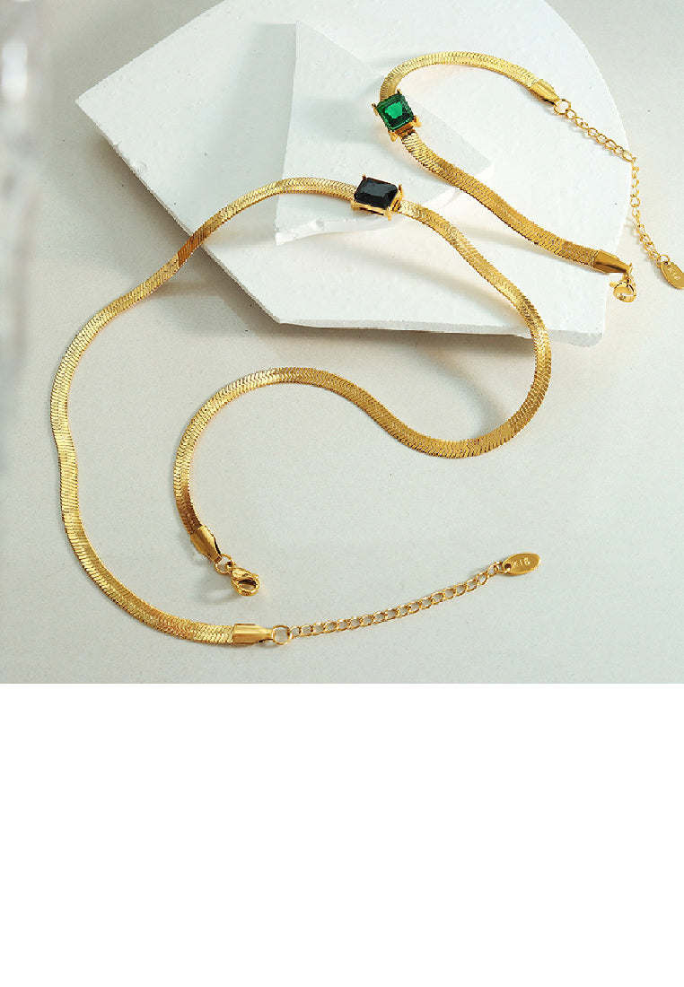 Simple Personality Plated Gold 316L Stainless Steel Geometric Square Green Cubic Zirconia Chain Necklace - Luxurious Look