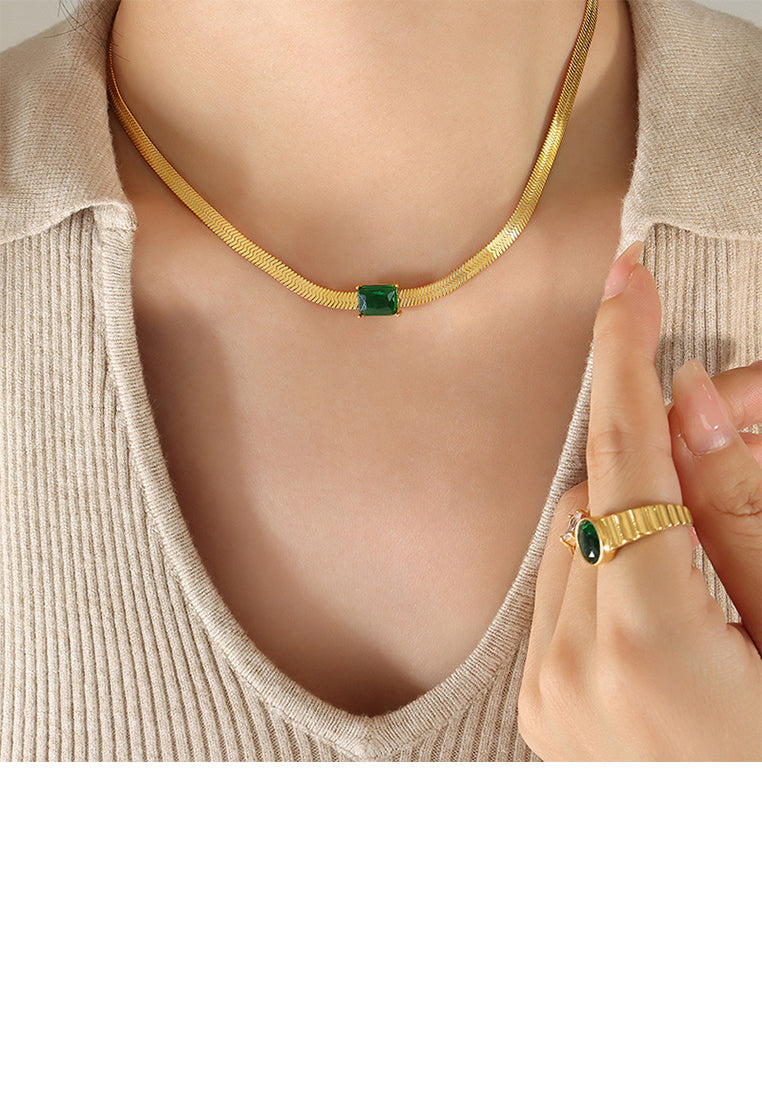 Simple Personality Plated Gold 316L Stainless Steel Geometric Square Green Cubic Zirconia Chain Necklace - Luxurious Look